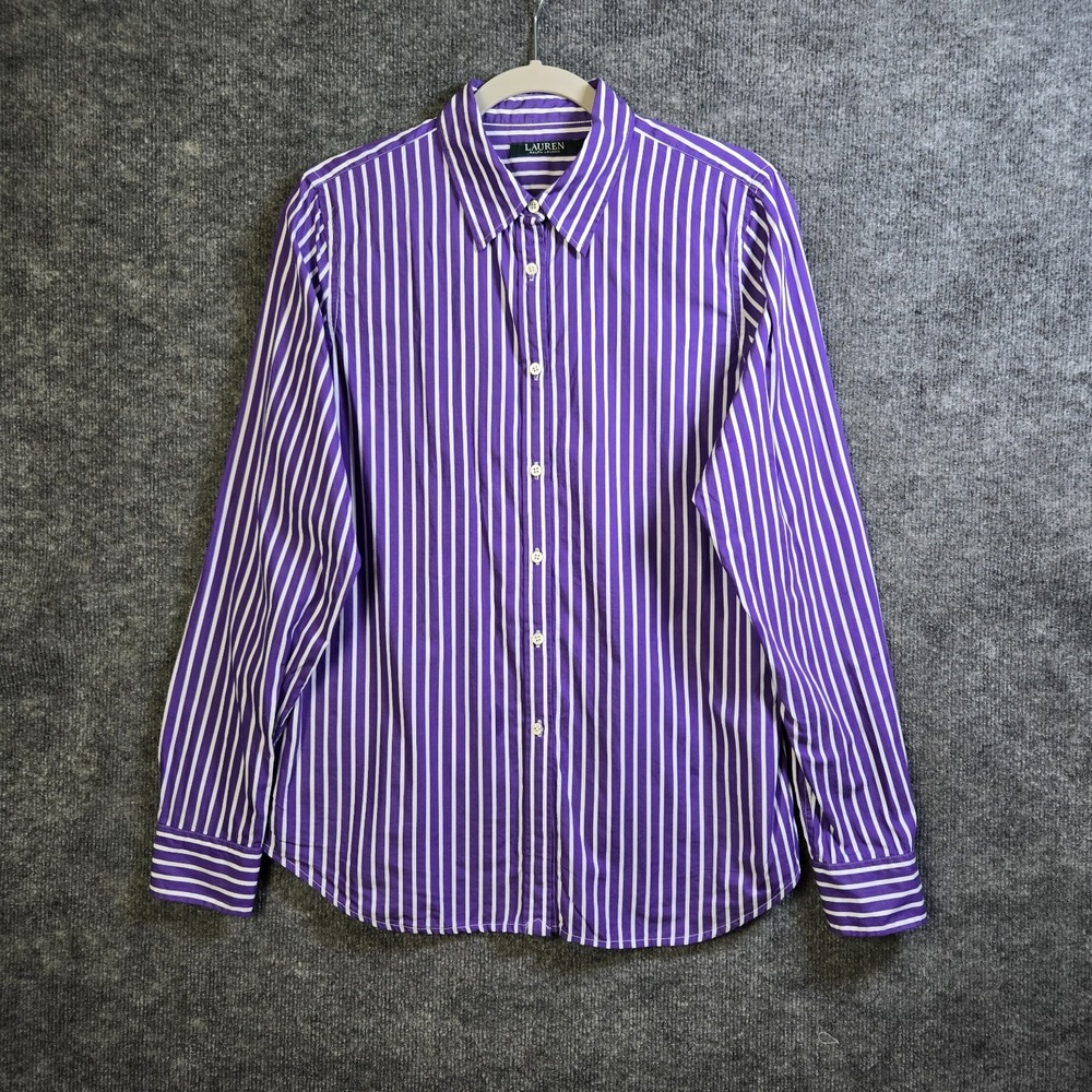 Lauren Ralph Lauren Shirt Womens 12 Purple White Pin Stripe Button Up Preppy